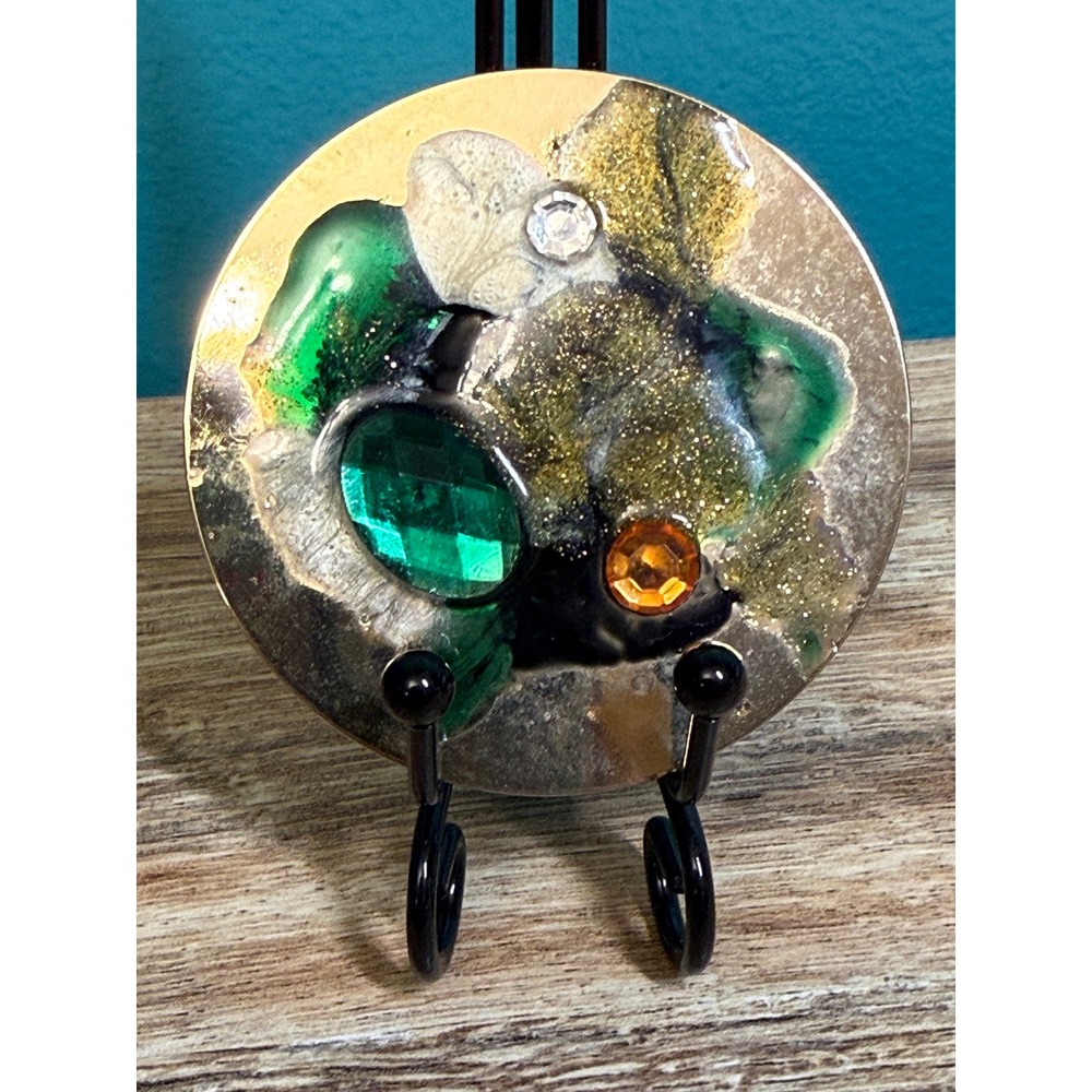 Vintage Handmade Abstract Disc Earrings Green Gold Resin Artisan Statement - Picture 6 of 9